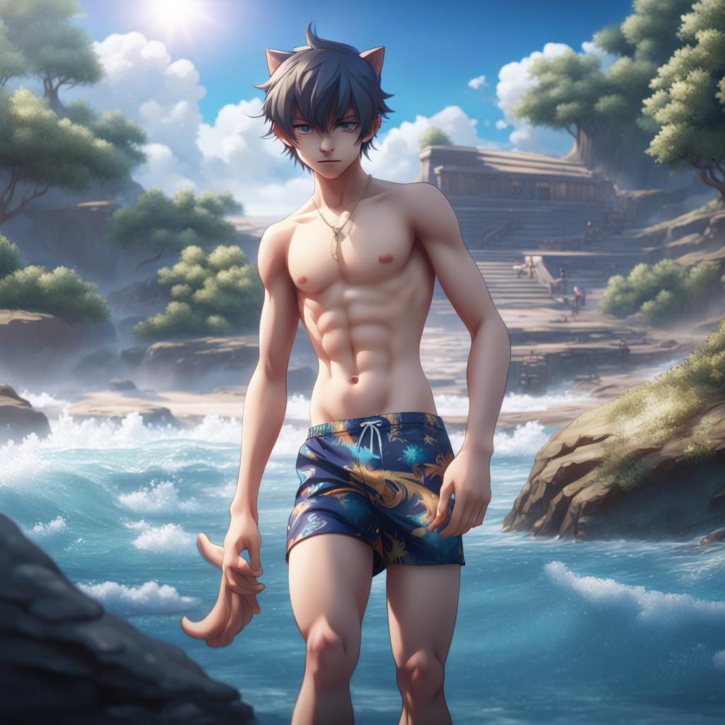 Anime Cat-Boy in Swim Trunks, Sensual Pose