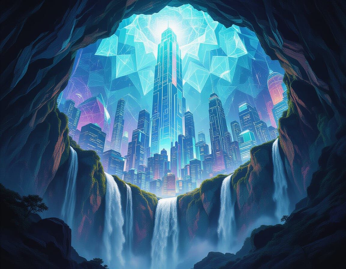 Futuristic Cityscape with Waterfall in Crystal Geode