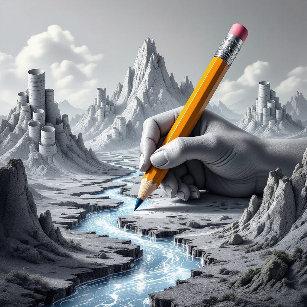 Surreal Paper and Graphite World Drawn by Giant Hand