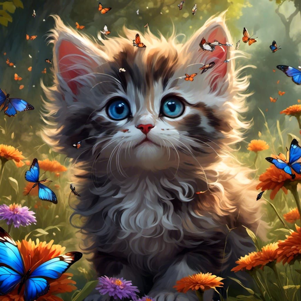Kitten with Butterfly Hyperreal Digital Painting
