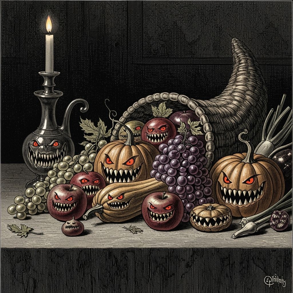 Gothic Harvest Cornucopia With Menacing Food
