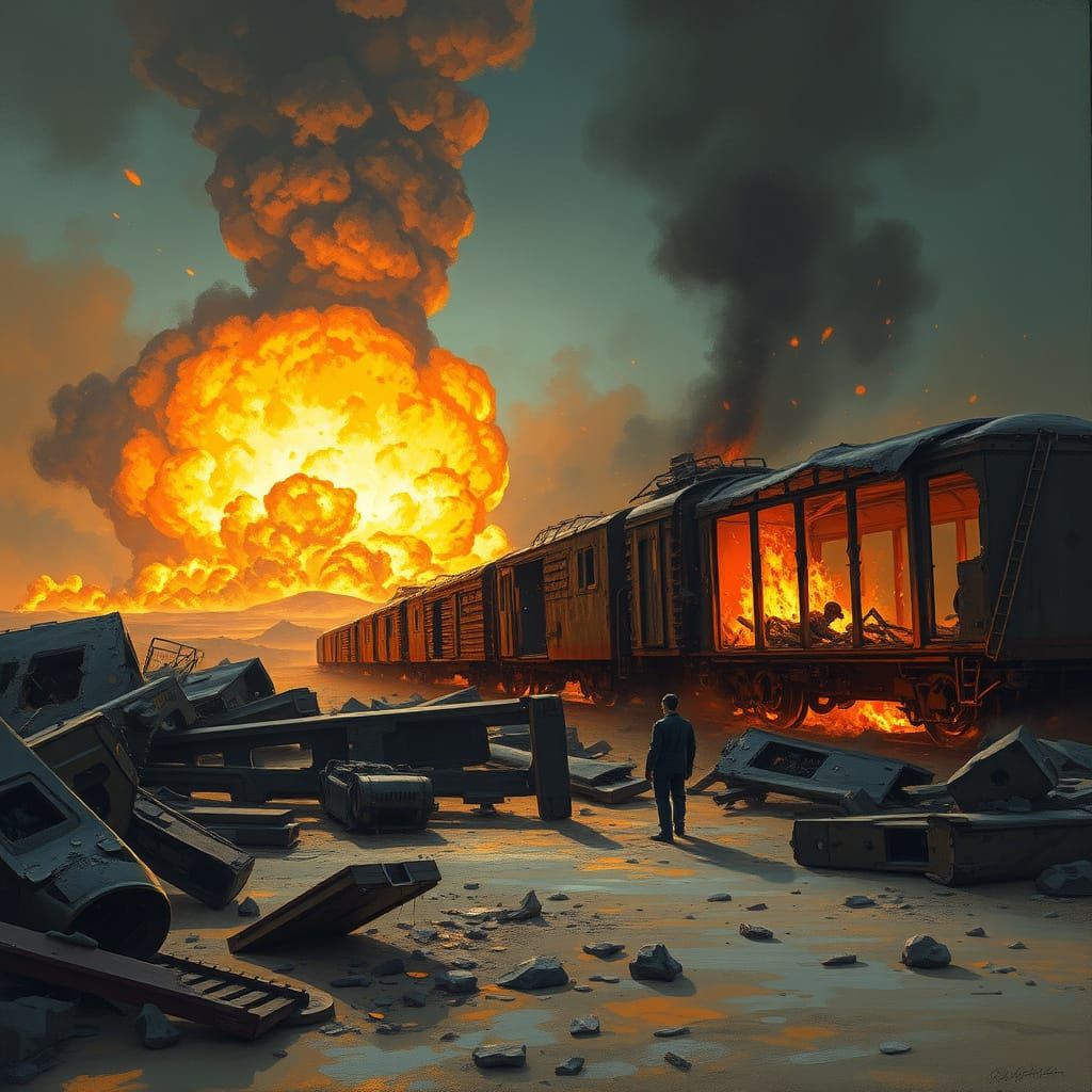 Desolate Train Wreckage Inferno in Matte Painting Style
