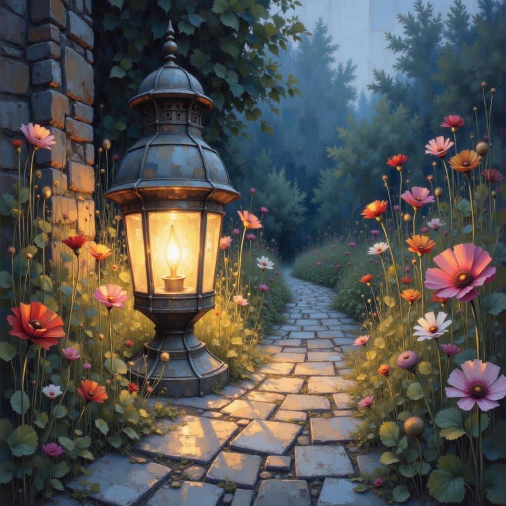 Old Lantern Glows on Wildflower Path in Impressionist Style