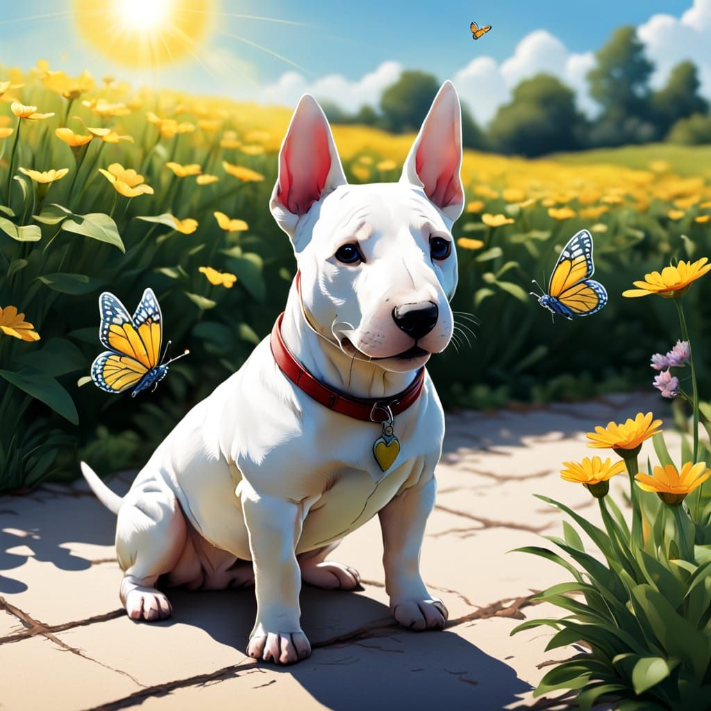 Miniature Bull Terrier Enjoys Sunshine and Watches Butterfli...
