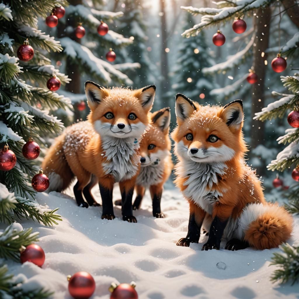 Baby Foxes in Winter Wonderland: Anime-Inspired 3D Art