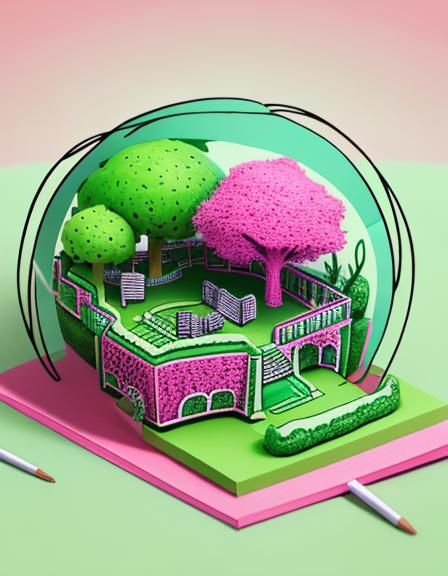 World on Pink and Green Paper Doodle