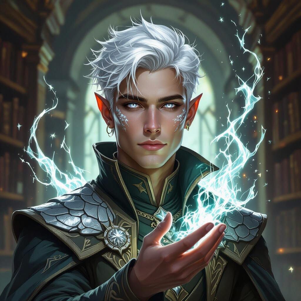 Silver Draconic Sorcerer in Ancient Library