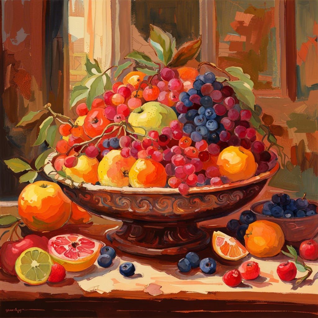 Fruit Bowl in Gouache Style as Digital Art