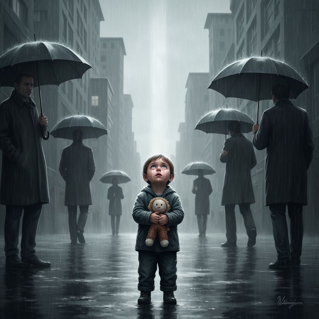 Heartbreaking Scene: Child Alone in Rainy City
