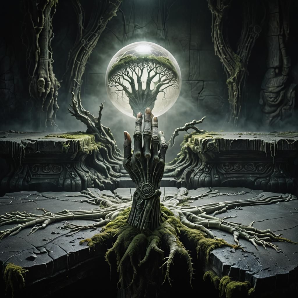 Pale Hand on Stone Pedestal in Dark Academia Style