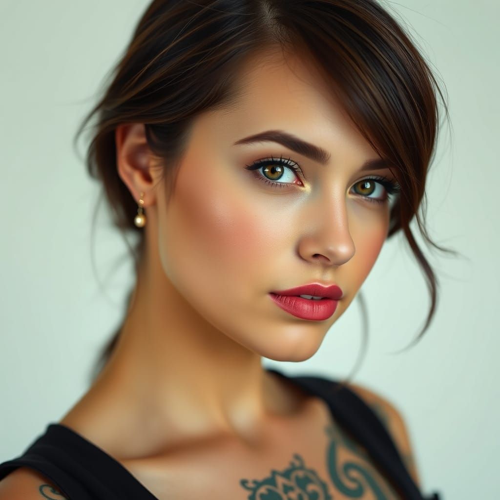 Amber-Haired Beauty with Green Tattoo: Detailed Portrait
