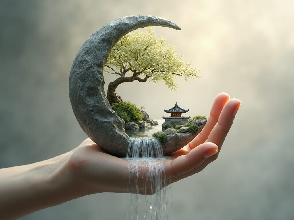 Hand Cradling Moon with Chinese Landscape: 3D Render