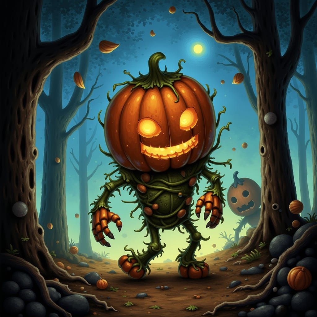 Werewolf Pumpkin Hybrid Emerges from Autumn Forest