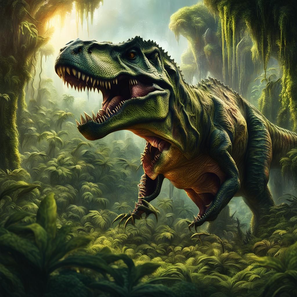 Epic Fantasy T-Rex in Lush Jungle, Oil Painting Style