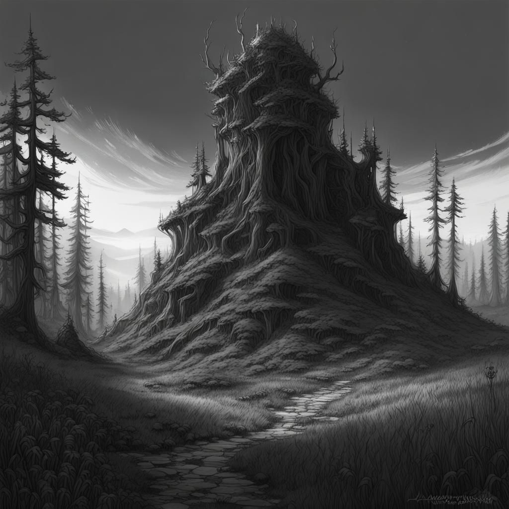 Dark Boreal Forest Drawing in Disciples Style