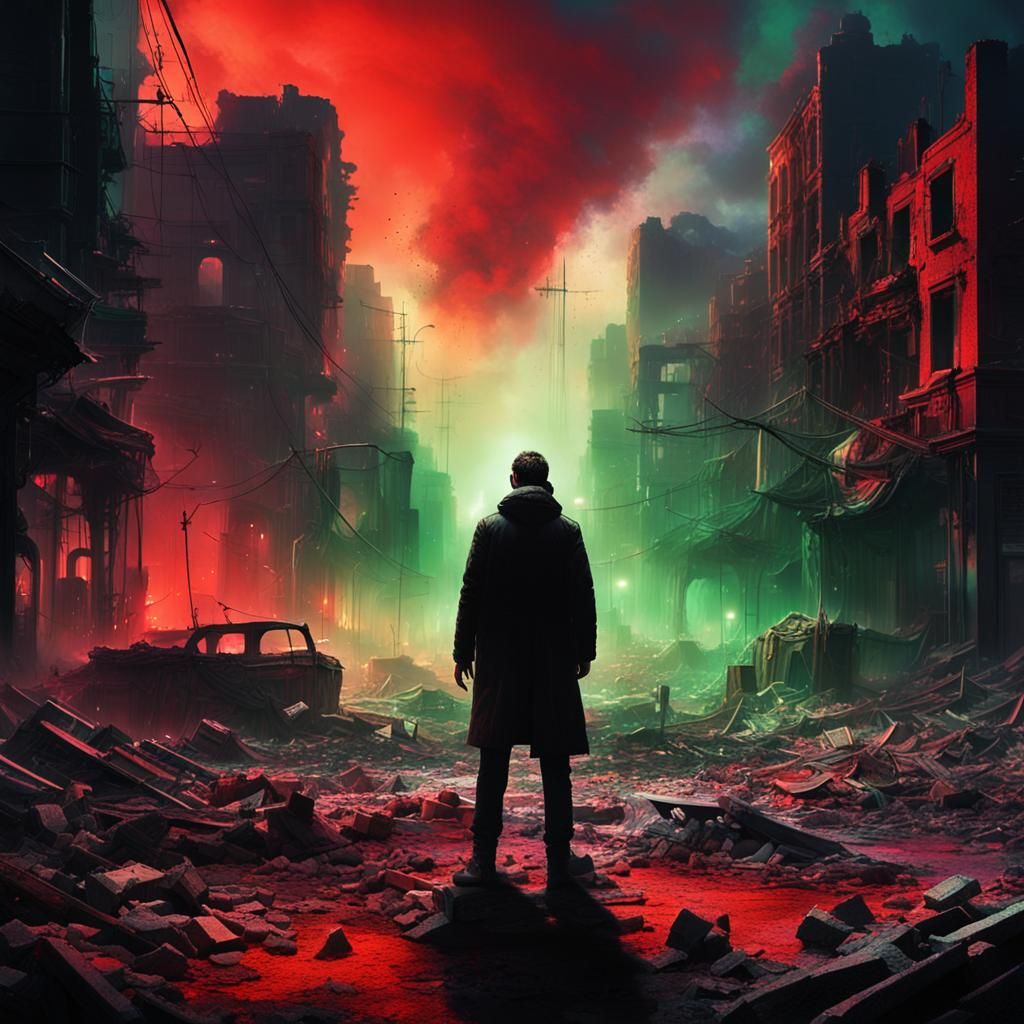 Dystopian Cityscape with Lone Figure, Surreal Digital Art