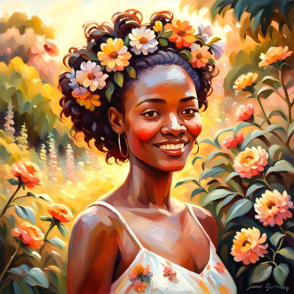 Beautiful African Woman Smiling, Oil Painting