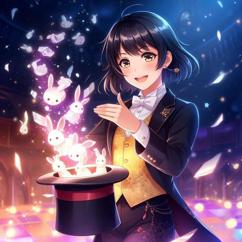 Thai Magician Conjuring Rabbits in Anime Style