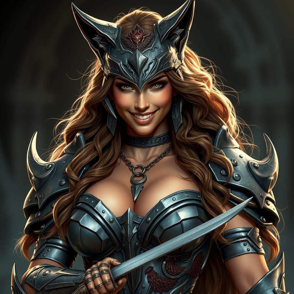 Sensual Valkyrie Warrior Wears Metal Wolf Armor