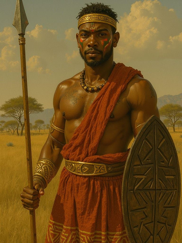 African Tribal Warrior in Sunlit Savanna
