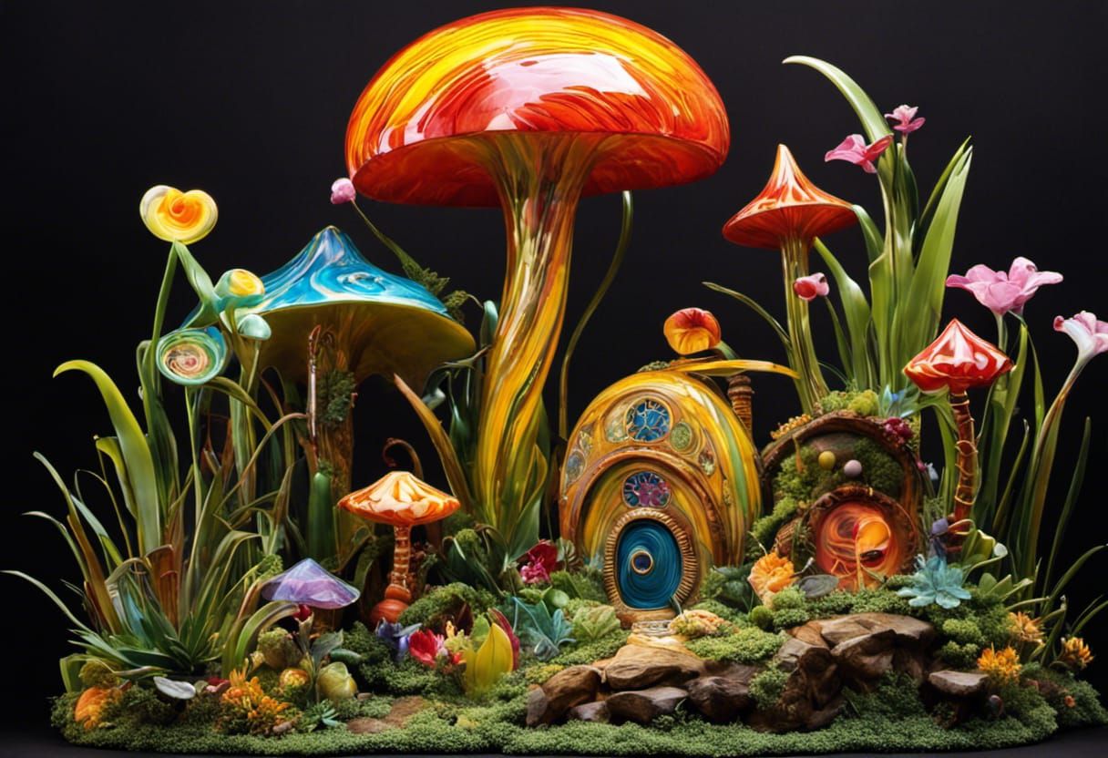Whimsical Blown Glass Garden with Cheshire Cat, 3D Render