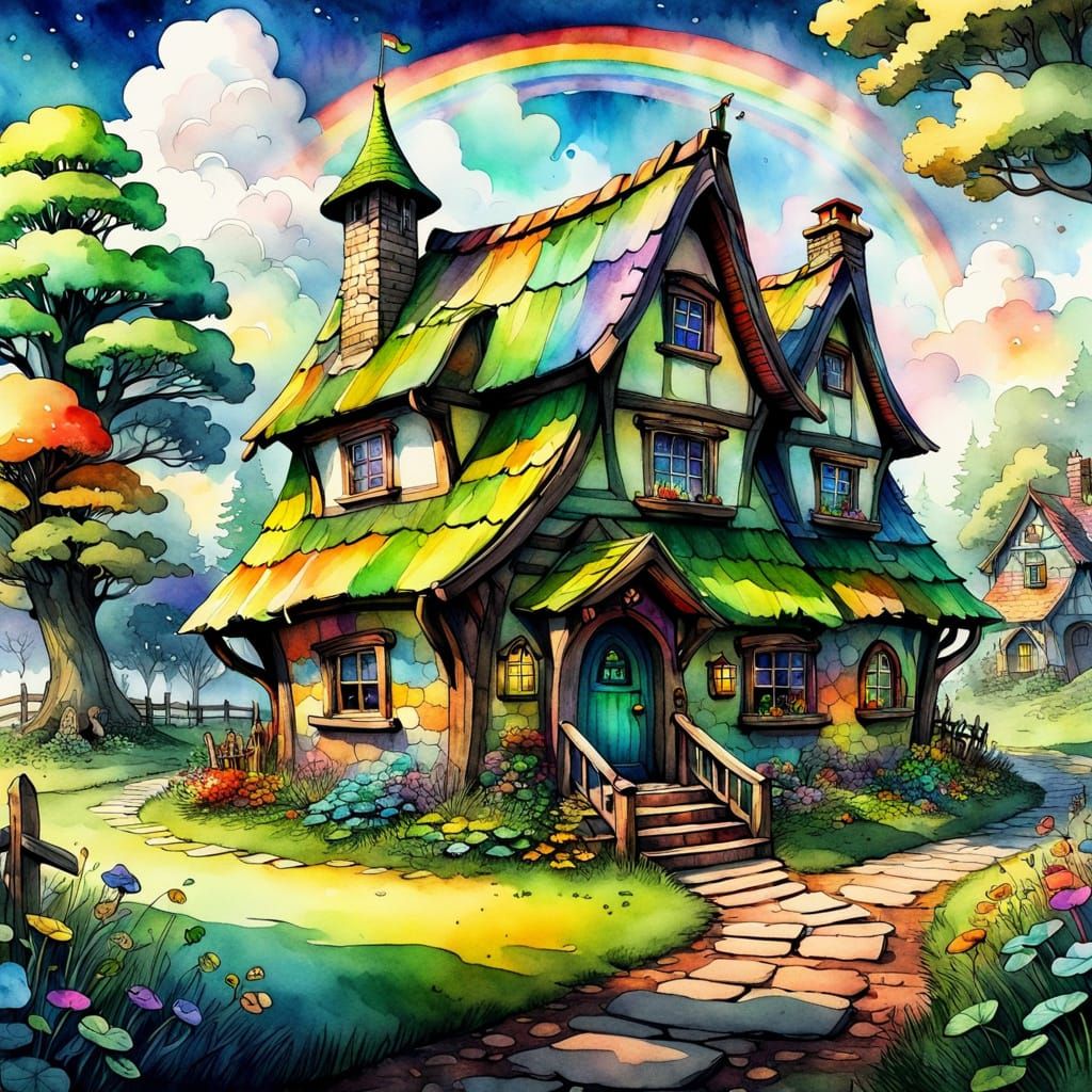 Enchanted Leprechaun's Cottage in Whimsical Watercolor