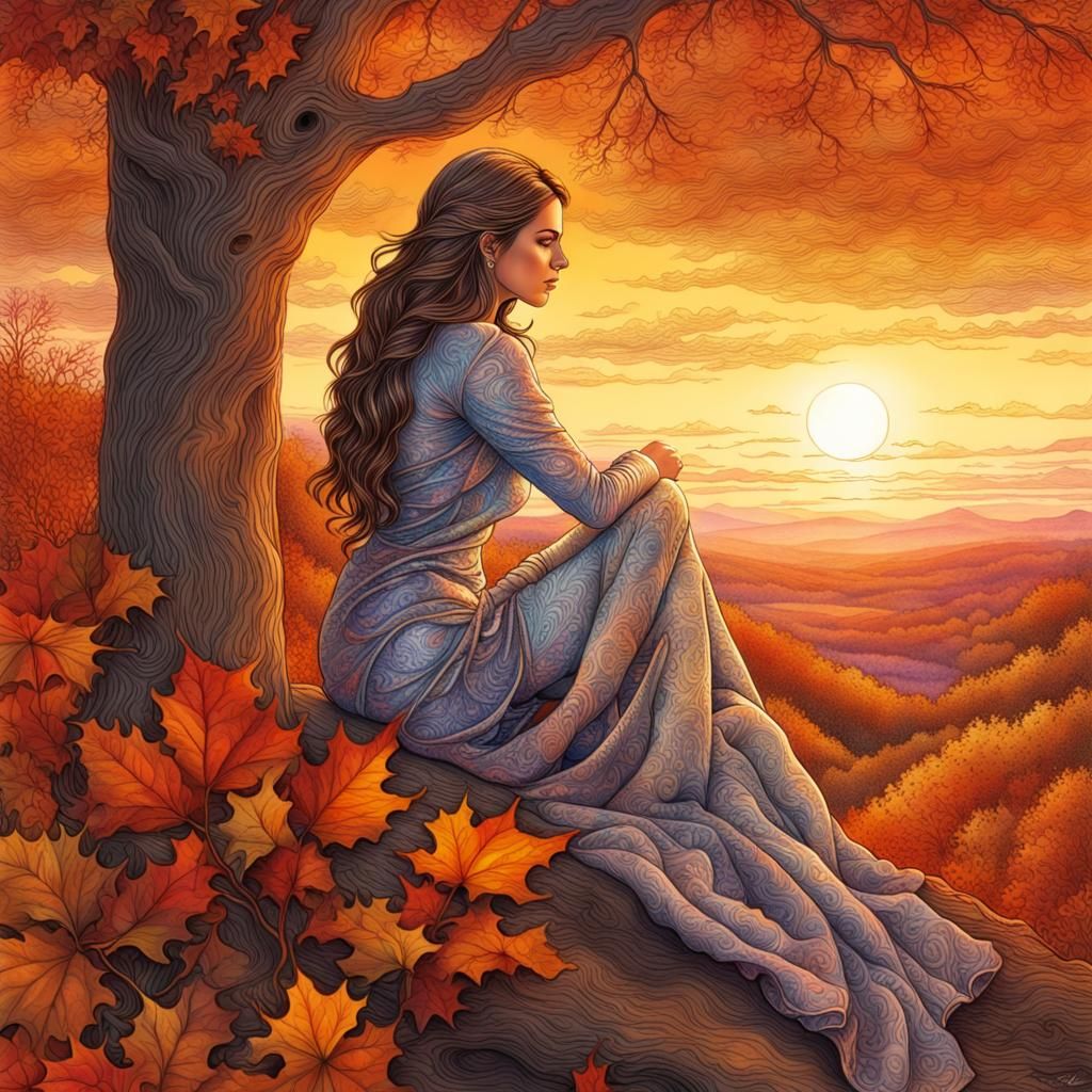 Autumn Sunset Woman in Pen and Ink Style