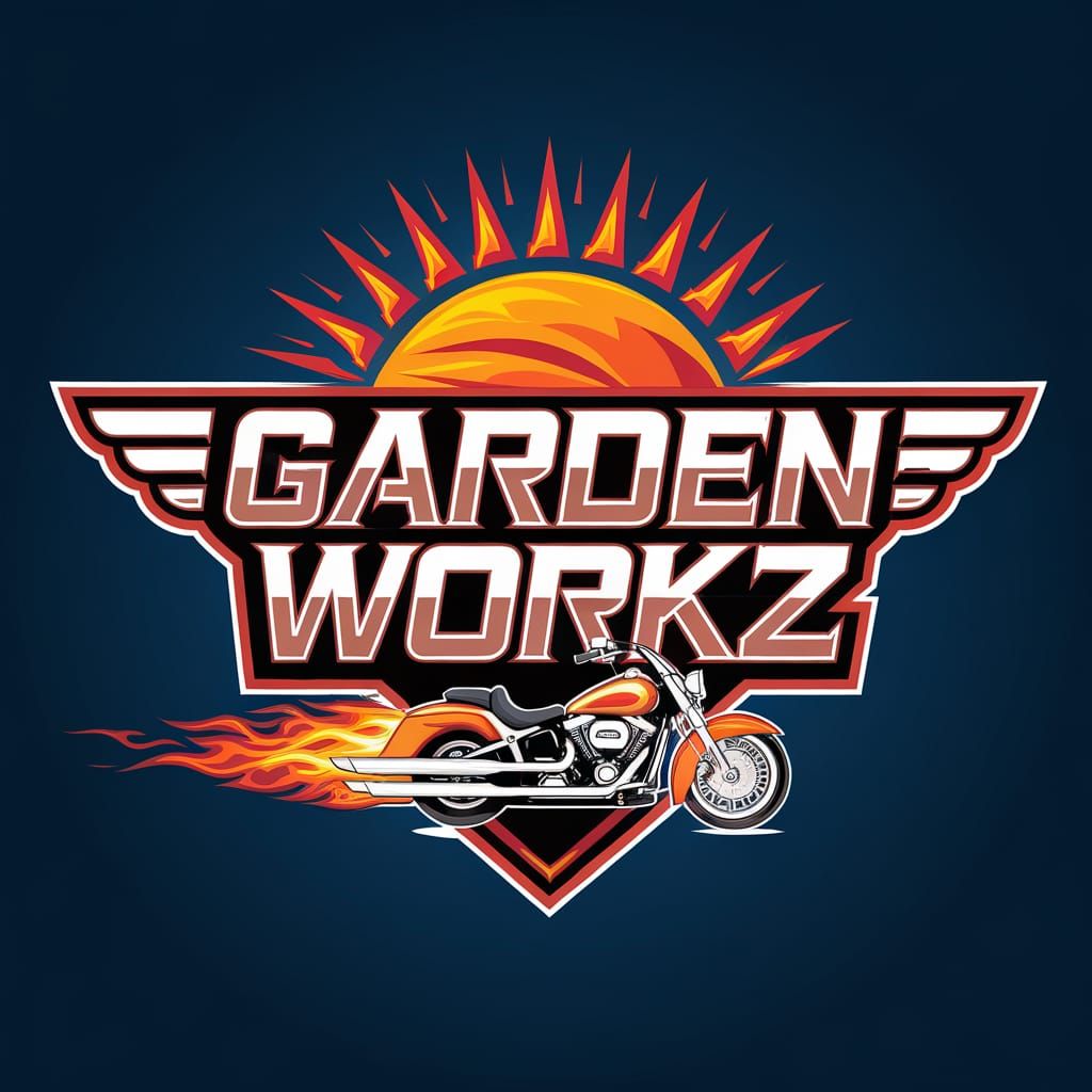 Fiery Garden Workz Logo with Motorcycle and Sun