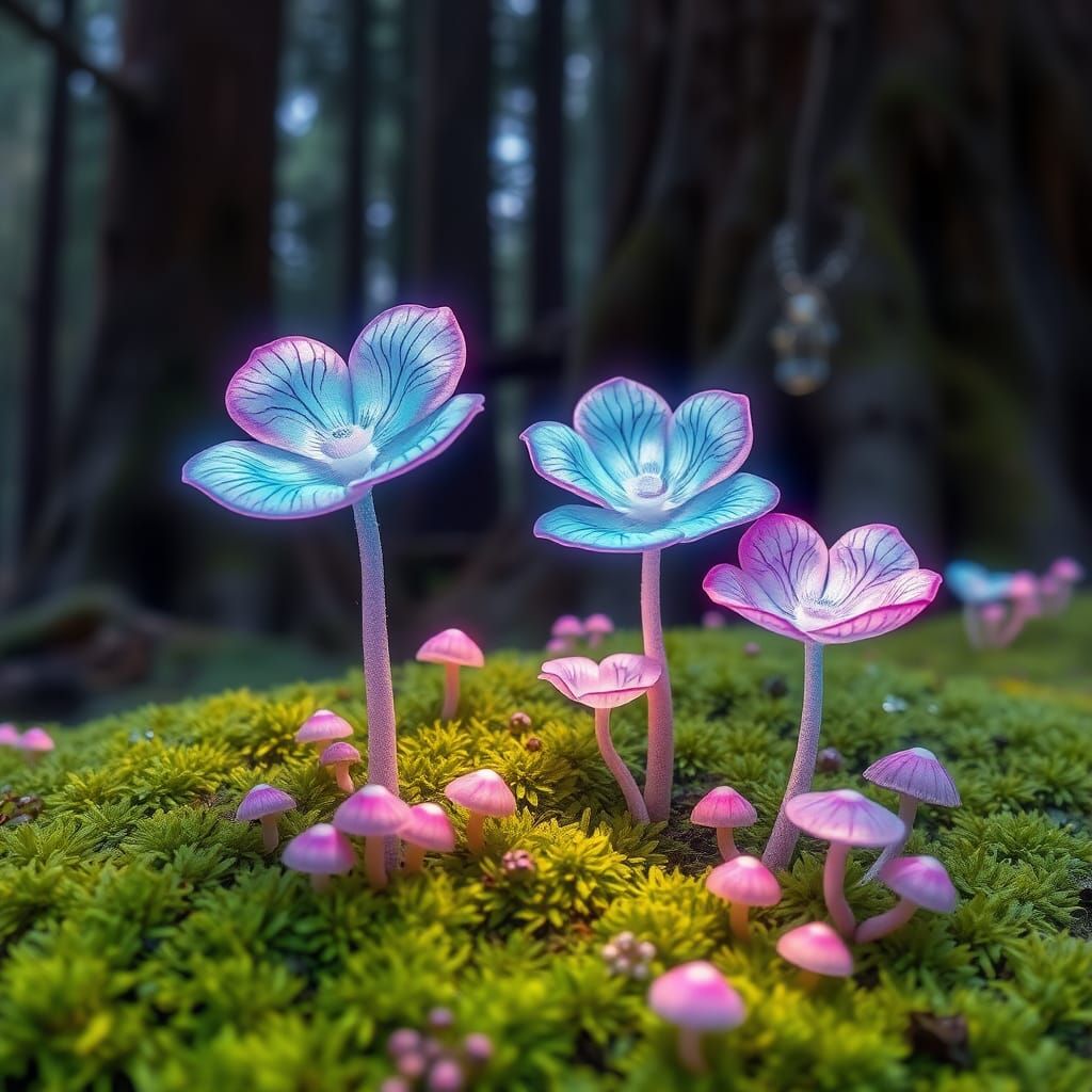 Iridescent Flowers and Mushrooms in Holographic Illustration