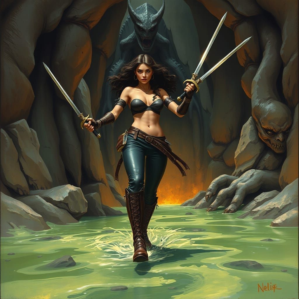 Bare-chested Woman Warrior Approaches Lair