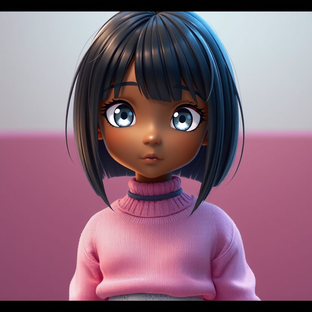 Black Girl in Pink Sweater, 3D Anime Art