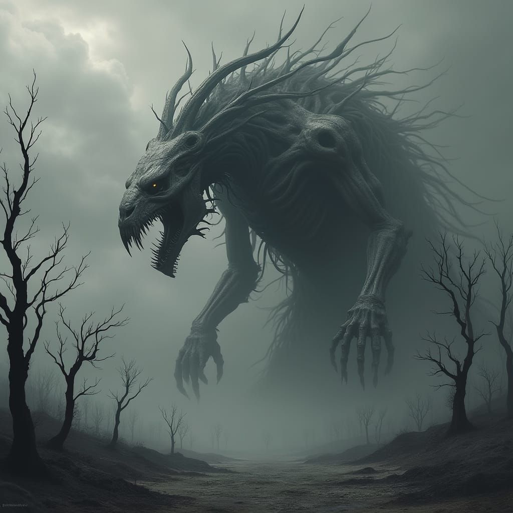 A Haunting Grayscale Portrait of a Colossal, Skeletal Creatu...