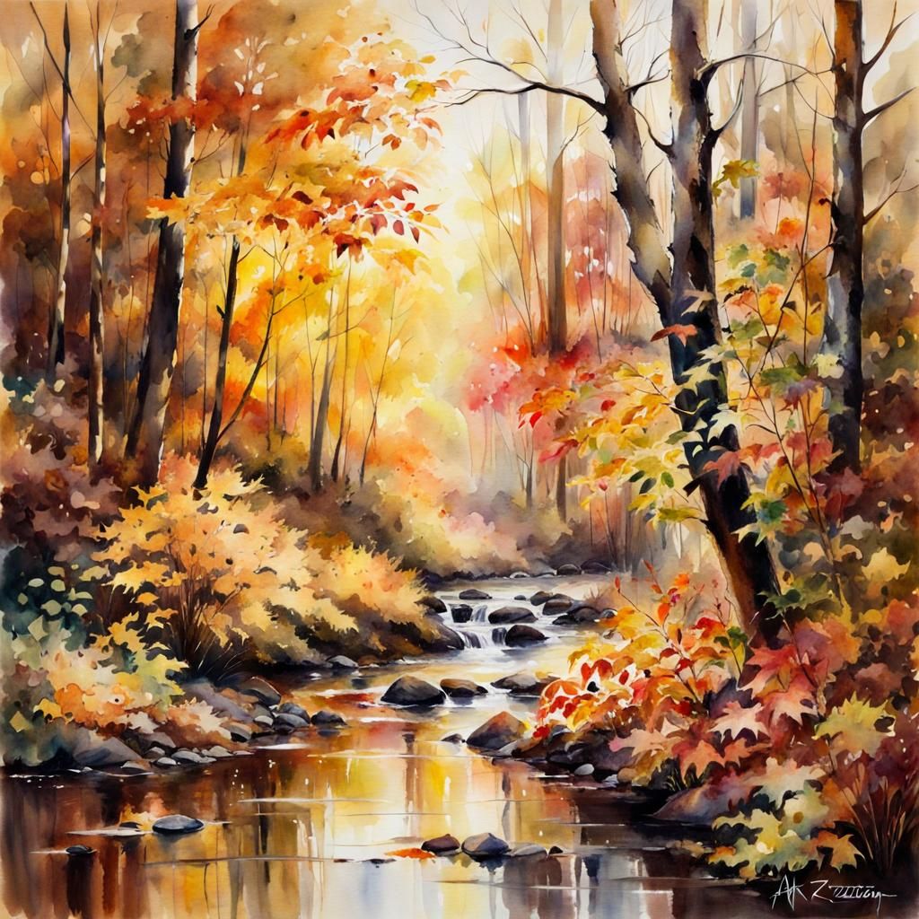 Autumn Forest Watercolour in Romantic Style