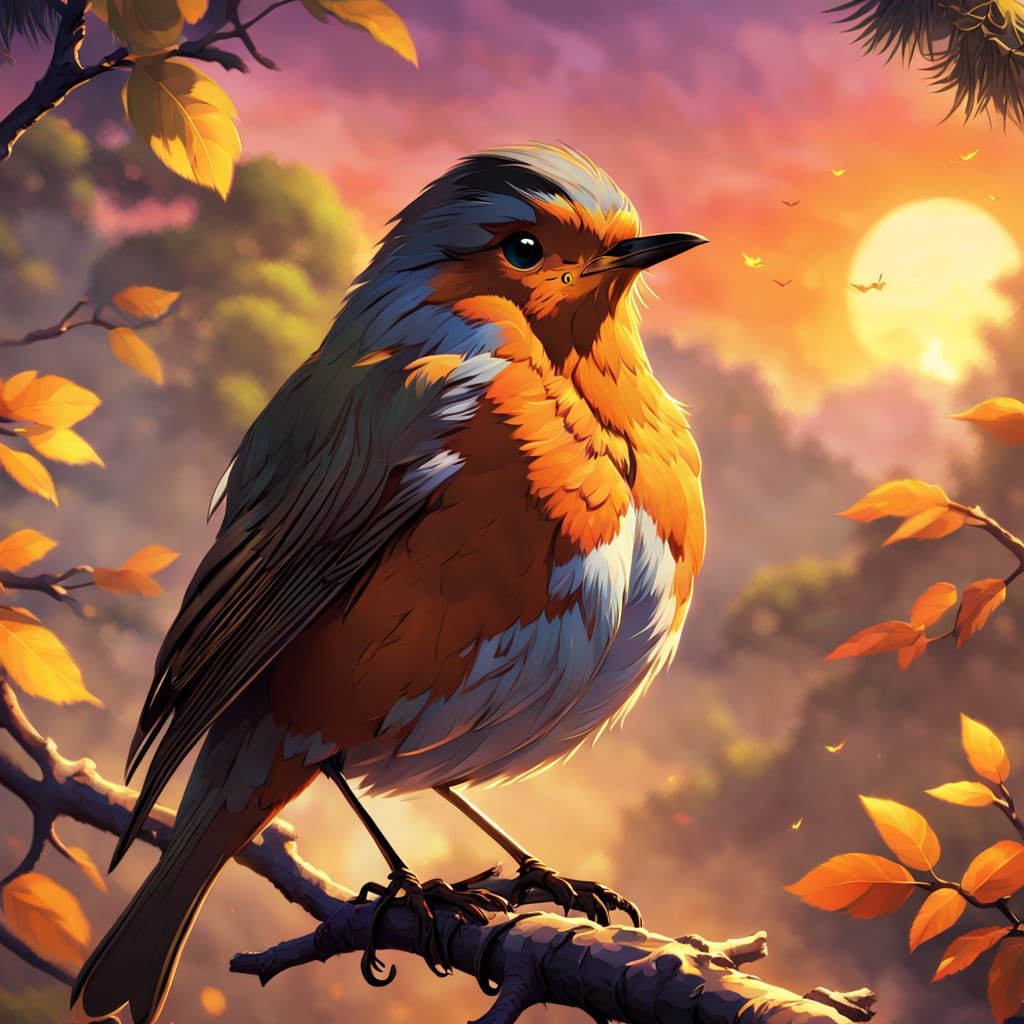 Anime Style Robin Perched at Sunset