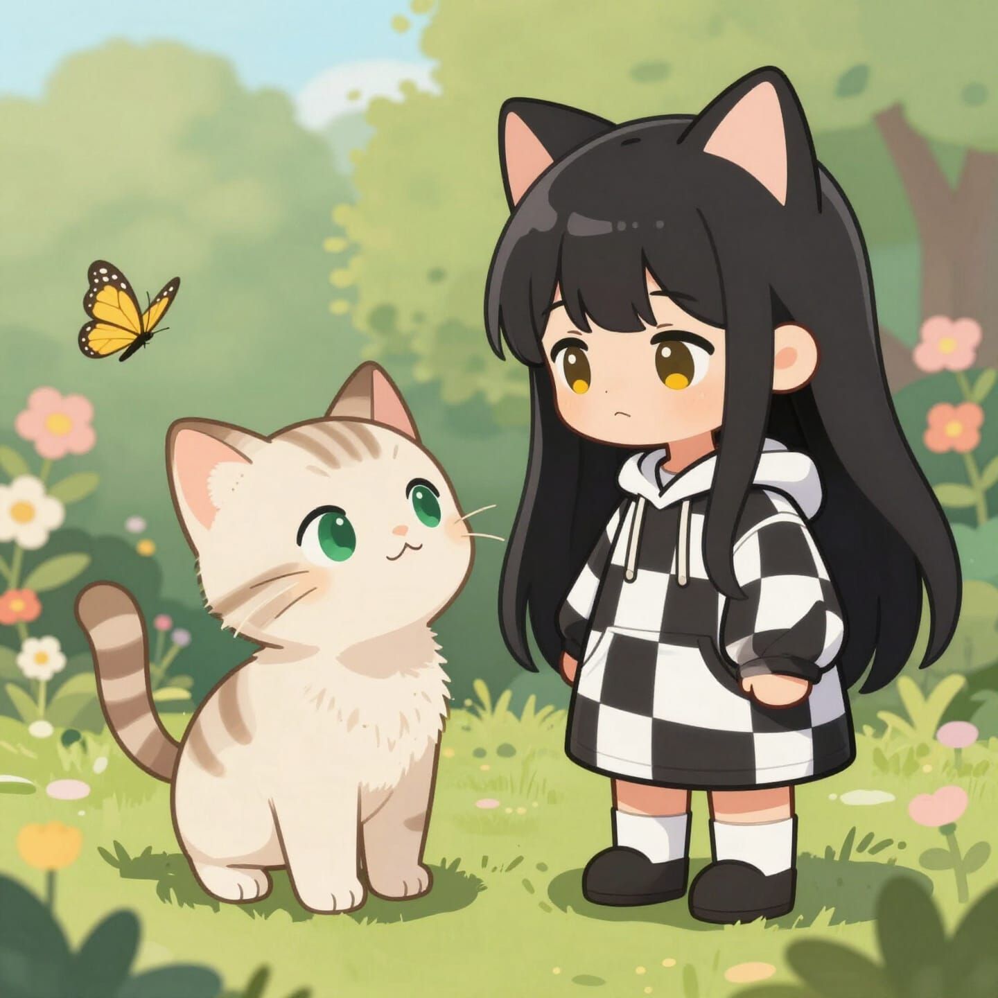 Cute Kitten Meets Chibi Girl in Flower Garden Illustration