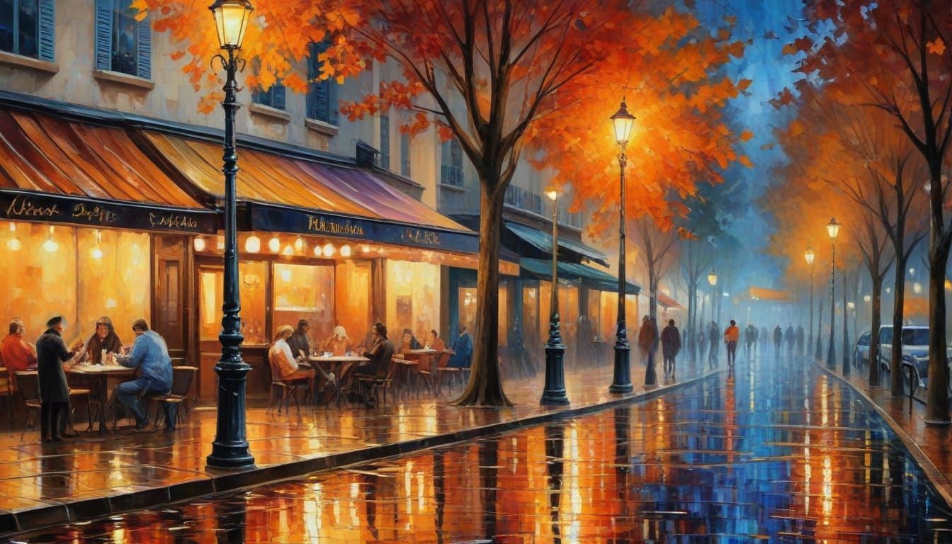 Romantic Parisian Night Scene in Expressive Art Style