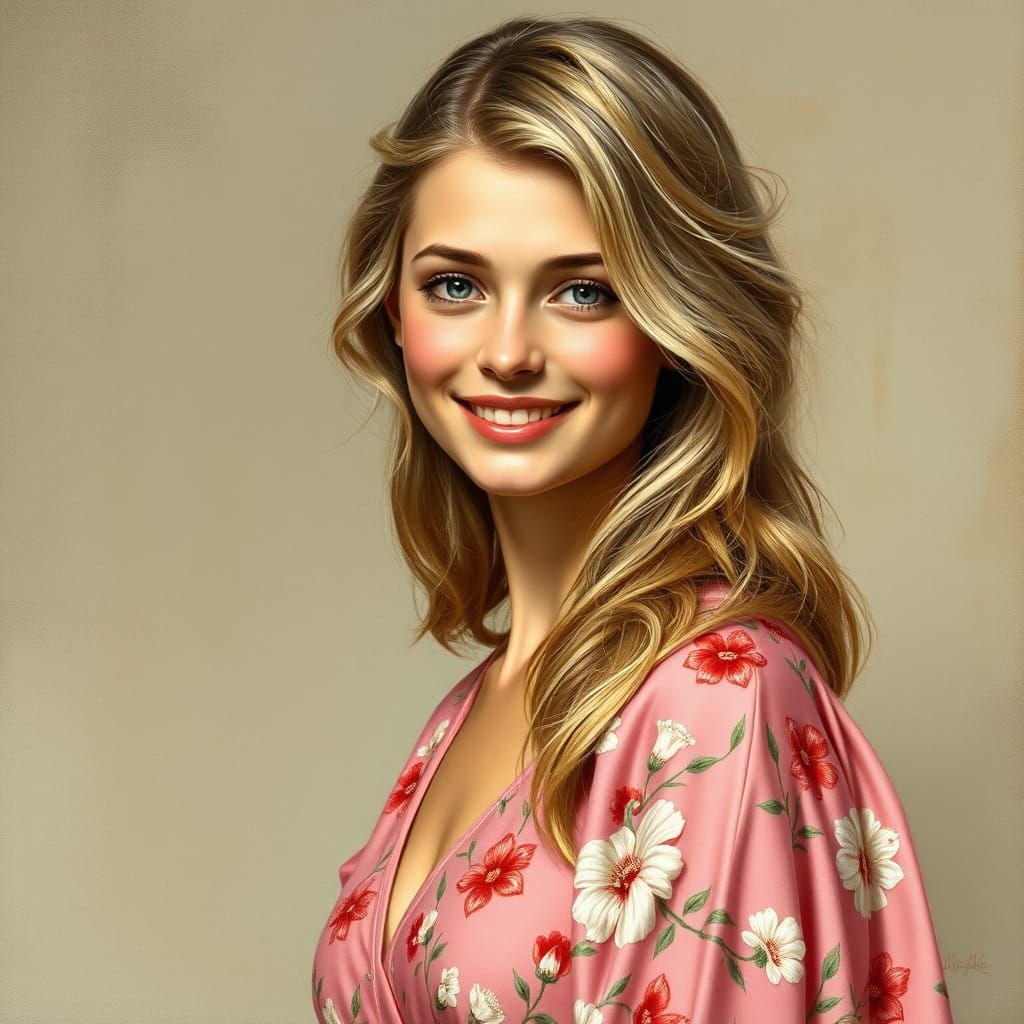 Blonde Woman in Rose Floral Dress