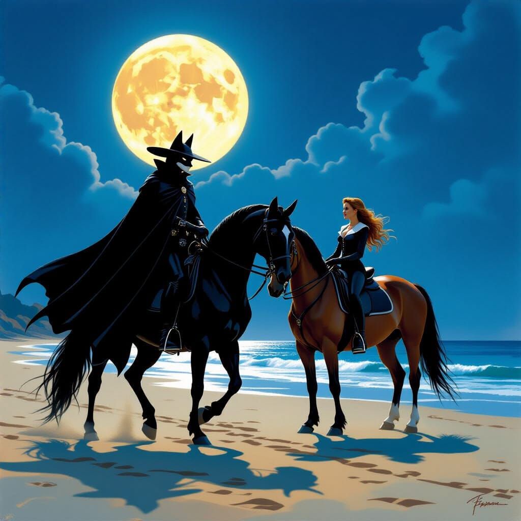 Moonlit Riders: A Futuristic Zorro Scene