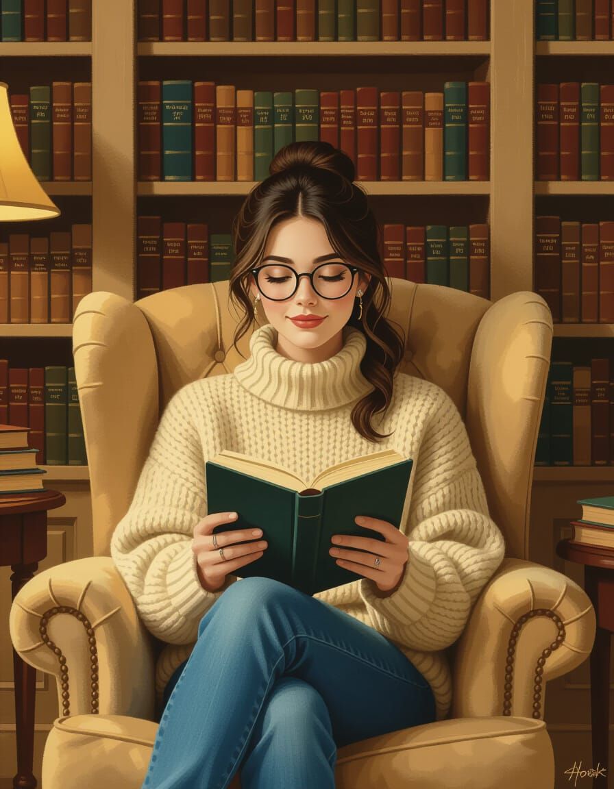Cozy Library Scene in Rockwell-esque Style