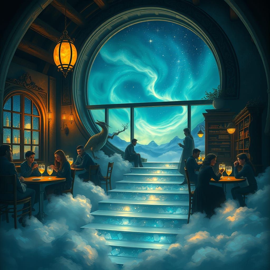 Ethereal Cloud Cafe with Moonlight Staircase