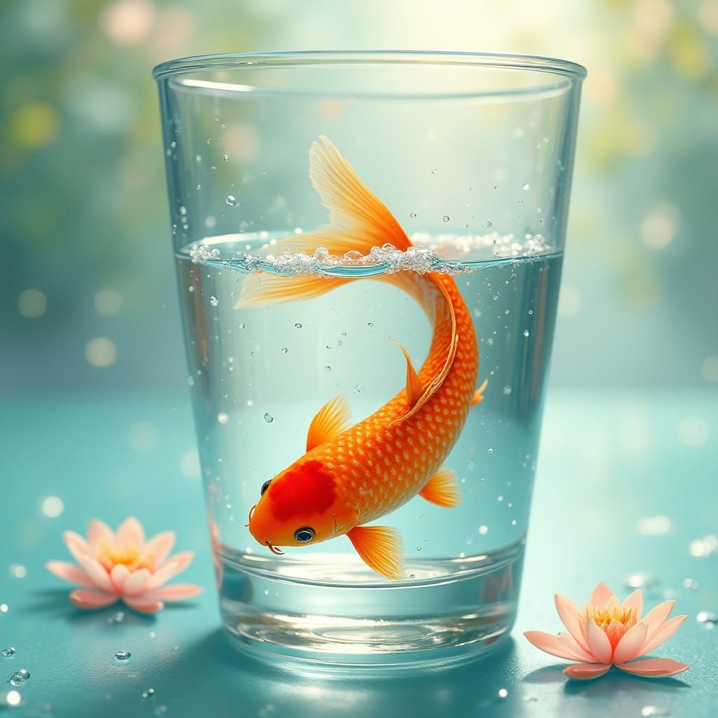 Surreal Glass of Water in Ukiyo-e Style with Koi Fish