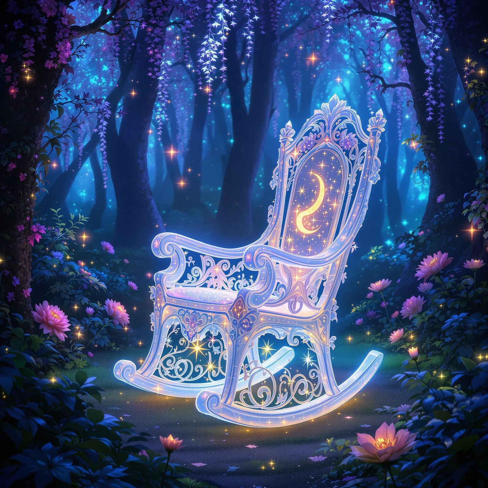 Enchanted Crystal Rocking Chair in Bioluminescent Forest
