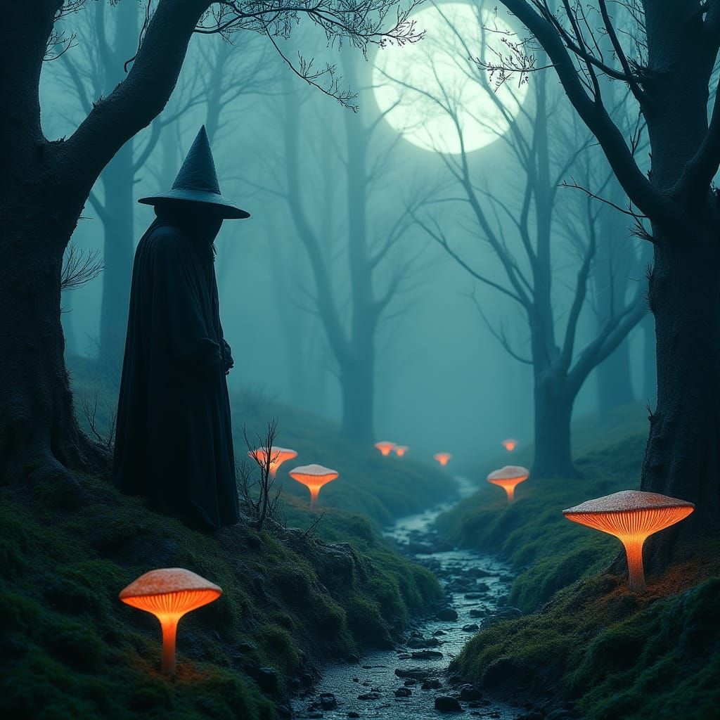 Dark and Foreboding Witch in a Haunting Moonlit Forest