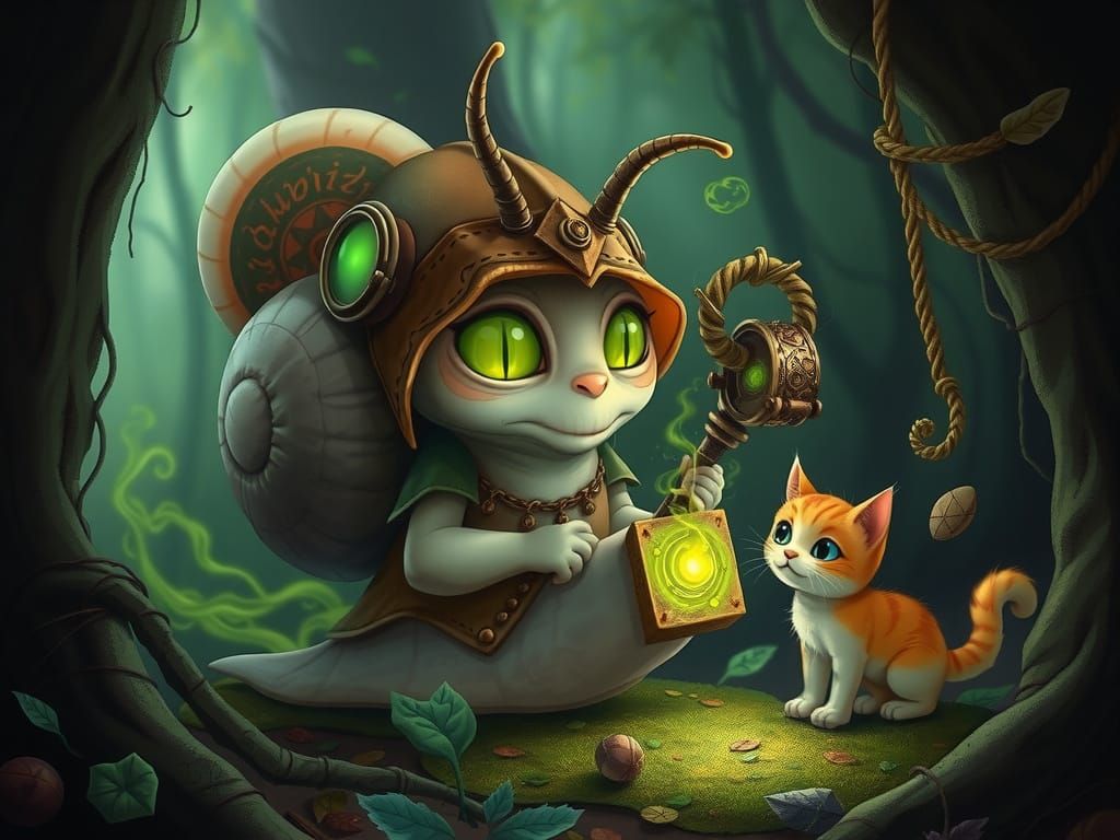 Snail Druid with Glowing Eyes in Mystical Forest