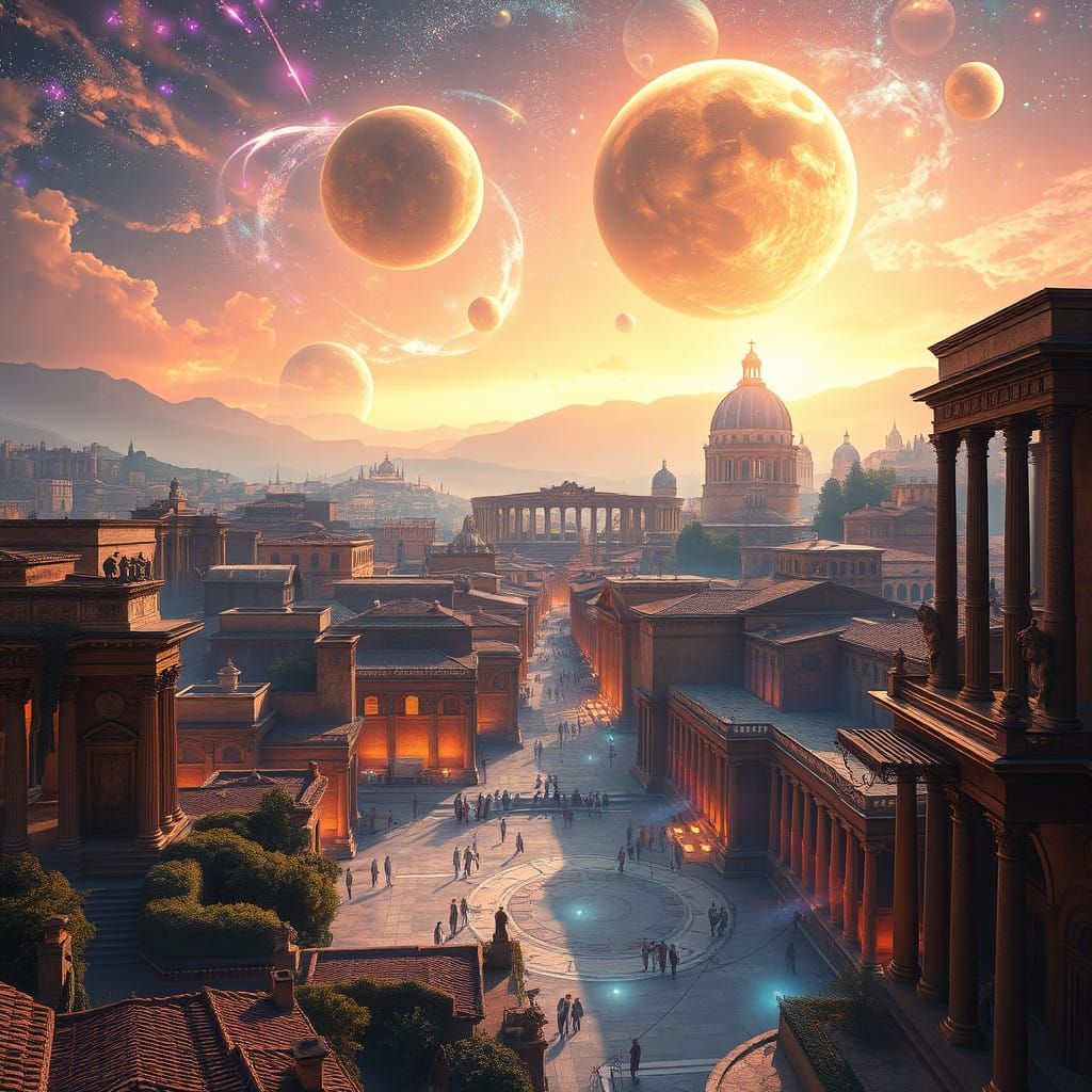 Ancient Roman Cityscape Glows with Cosmic Radiance