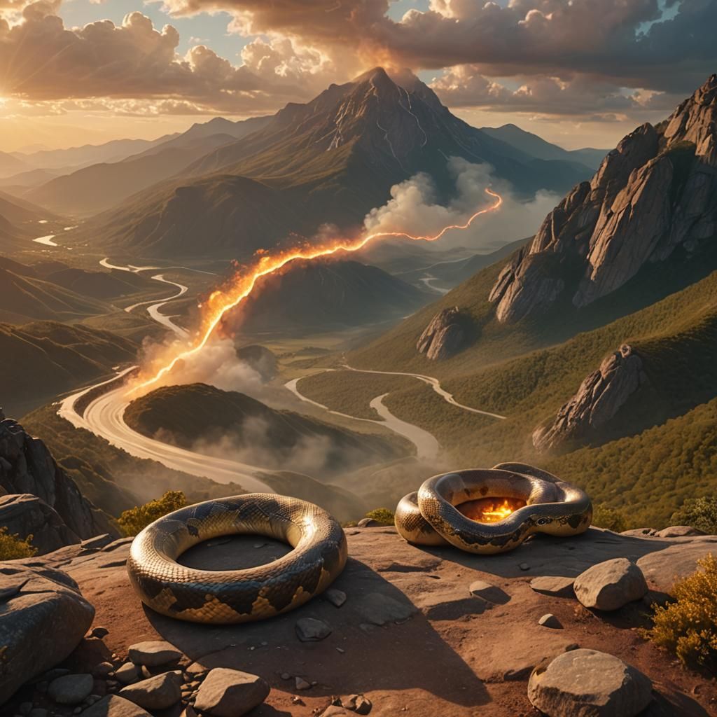 Giant Stone Snake Mountain During Fiery Hurricane