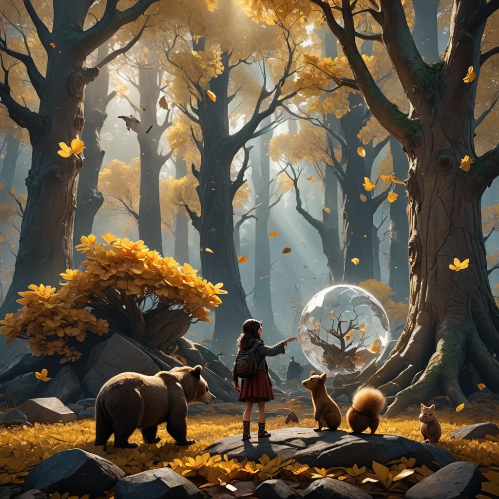 Quartz Crystals and Golden Ginkos in Fantasy Landscape