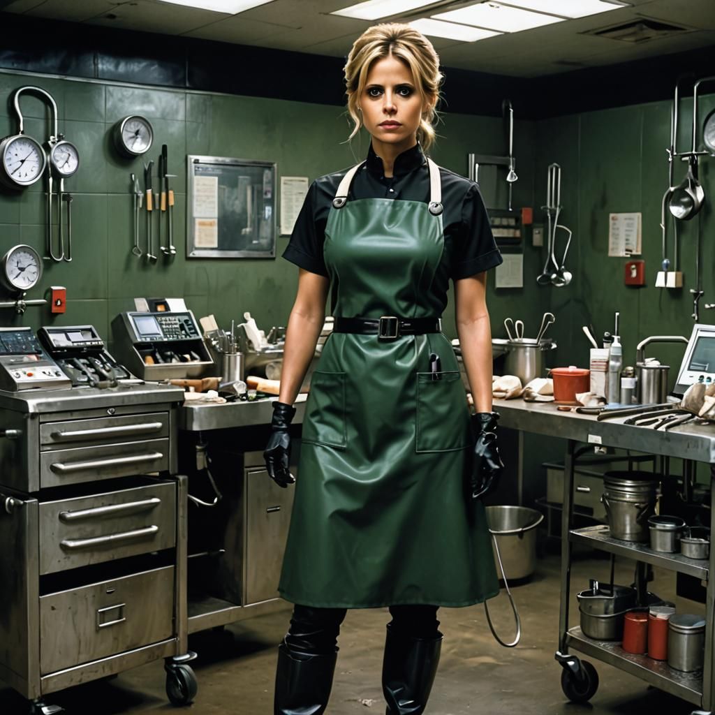 Cyberpunk Nurse in Dark Green Rubberized Uniform