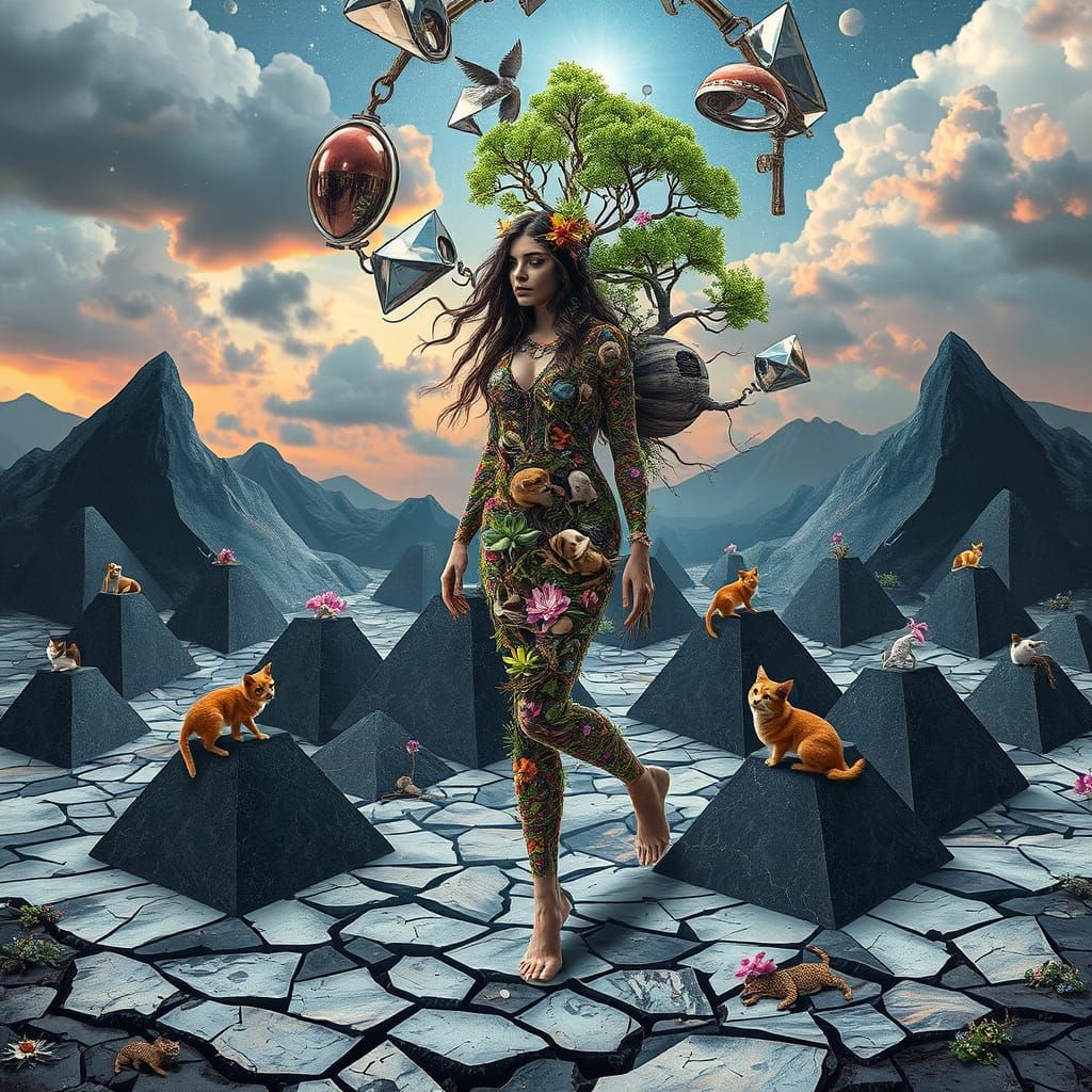 Mystical Woman of Vibrant Tools Tribe in Surreal Landscape