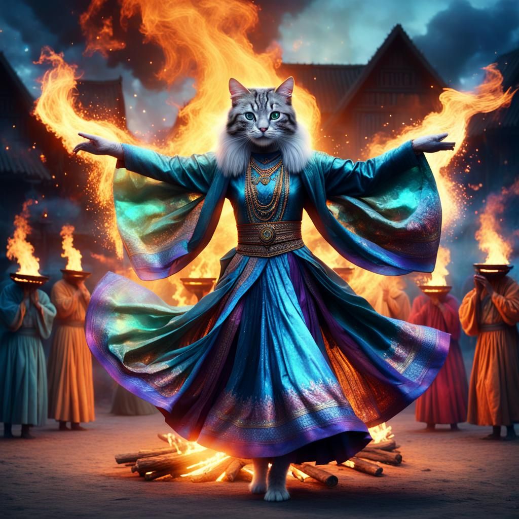 Cat Folk Dancer at Magical Bonfire: Digital Matte Painting
